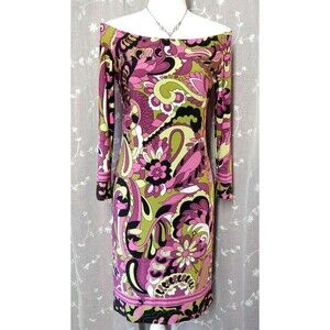 SMALL "LILY" Women's Dress PURPLE GREEN OFF THE SHOULDER PAISLEY FLORAL BODYCON